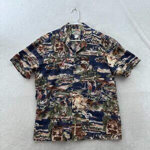 Paradise Found Shirt Mens L Blue Hawaiian Beach Fishing Pocket Button Up